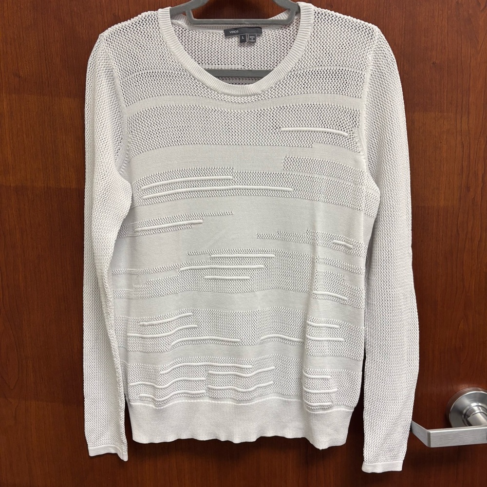 VINCE White Mesh Knit Long Sleeve Breathable Crewneck Top size L